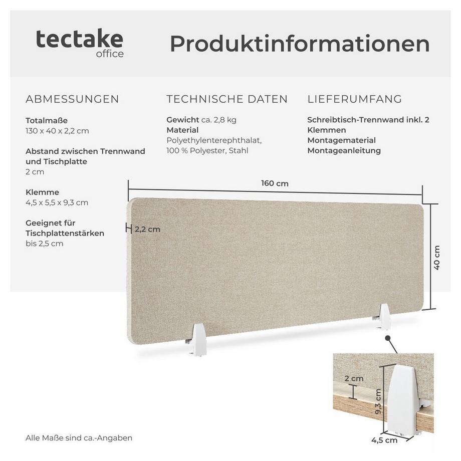 Tectake  Schreibtisch Trennwand Noisy in 2 Größen mit schallabsorbierendem PET-Kern 