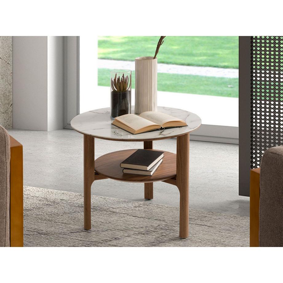 ANGEL CERDA Runder Ecktisch aus Porzellanmarmor und Nussbaumholz  