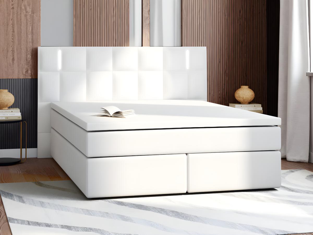 DREAMEA Set boxspring completo testata con LED + reti piedi LED + materasso + topper BILBAO 2 similpelle Bianco  