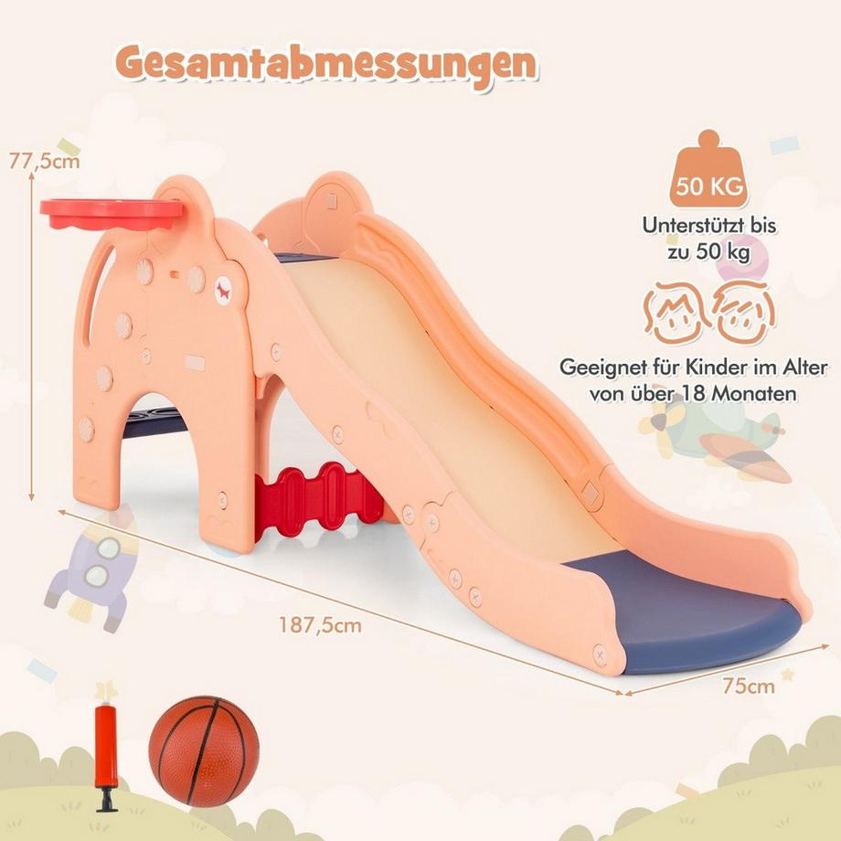 Northio  Rutsche Outdoor 4 in 1 Kinder Rutsche & Tunnel & Basketballkorb & Leiter 187,5 x 75 x 77,5 cm Rosa 