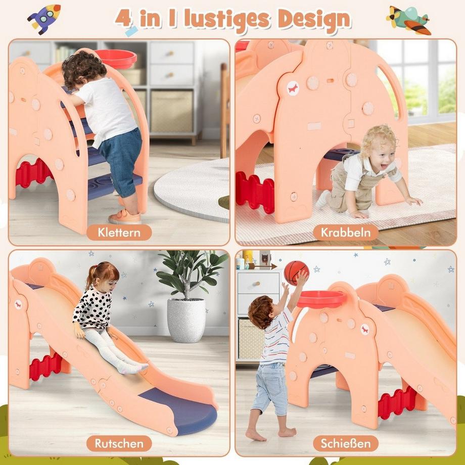 Northio  Rutsche Outdoor 4 in 1 Kinder Rutsche & Tunnel & Basketballkorb & Leiter 187,5 x 75 x 77,5 cm Rosa 