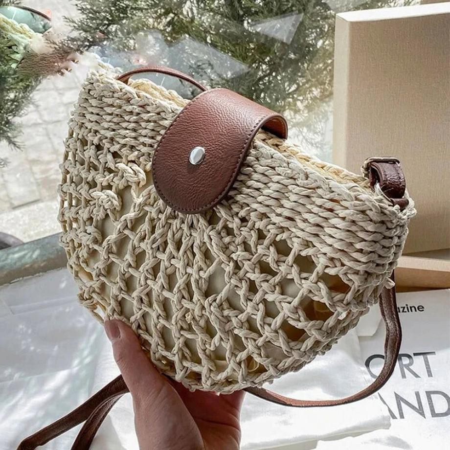 Only-bags.store Sommer Stroh Halbkreis Rattan Handmade Messenger Handtasche  