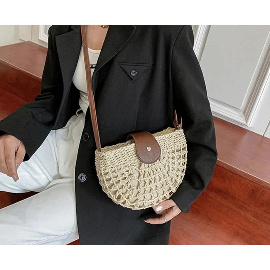 Only-bags.store Sommer Stroh Halbkreis Rattan Handmade Messenger Handtasche  