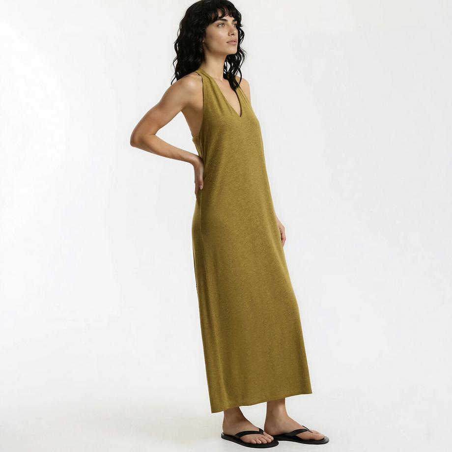 Langes ärmelloses Kleid aus Leinen und Viskose