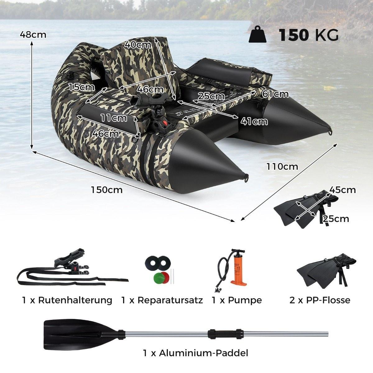 Northio  Gommone gonfiabile con pinne, righello per pesci e portacanna mimetico per barca da pesca 