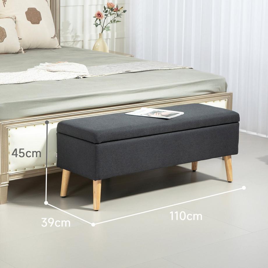 Northio Banc banquette rembourrée avec espace de rangement banc de lit aspect lin pour couloir chambre salon bois d'hévéa gris foncé 110 x 39 x 45 cm  