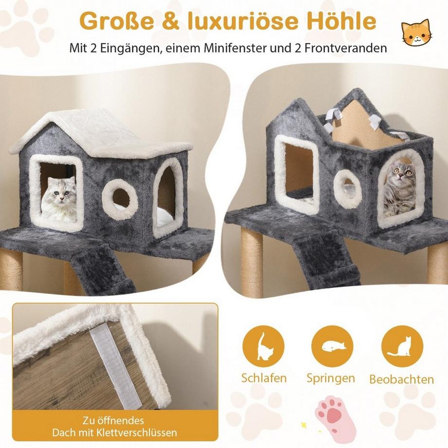 Northix  90 cm Hoch Kratzbaum mit Großer Höhle & Leiter & Sisalstämmen Katzenbaum Kletterbaum Grau 