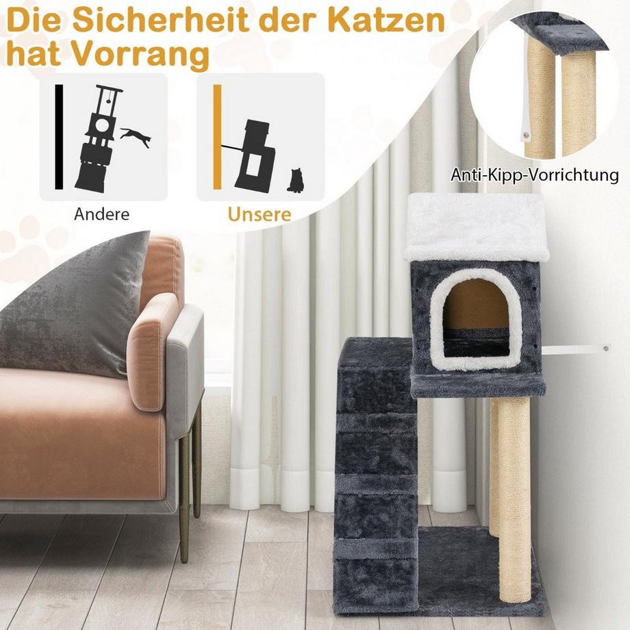 Northix  90 cm Hoch Kratzbaum mit Großer Höhle & Leiter & Sisalstämmen Katzenbaum Kletterbaum Grau 