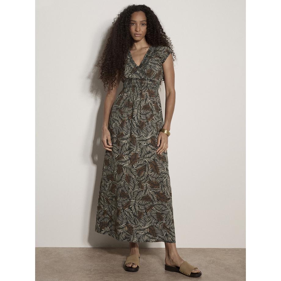 Robe longue smockée à imprimé feuilles rustiques