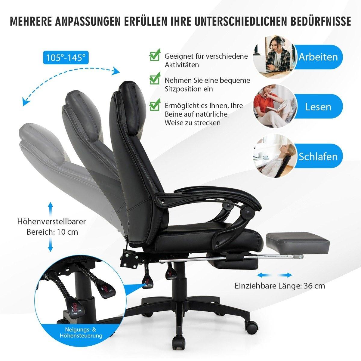 Northix Höhenverstellbarer Chefstuhl Drehstuhl mit Kopfstütze & Einziehbarer Fußstütze Schwarz 360° drehbar 105-145° verstellbar  