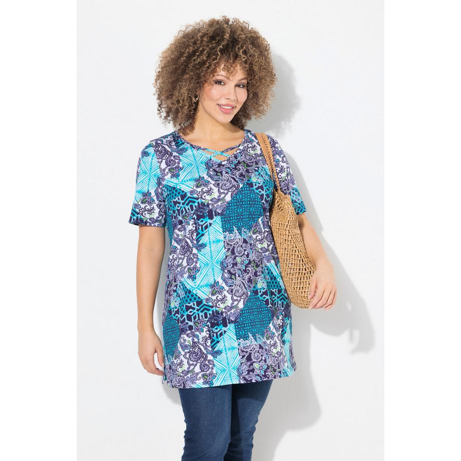 Ulla Popken Longshirt Patchdruck A-Linie V-Ausschnitt Halbarm  