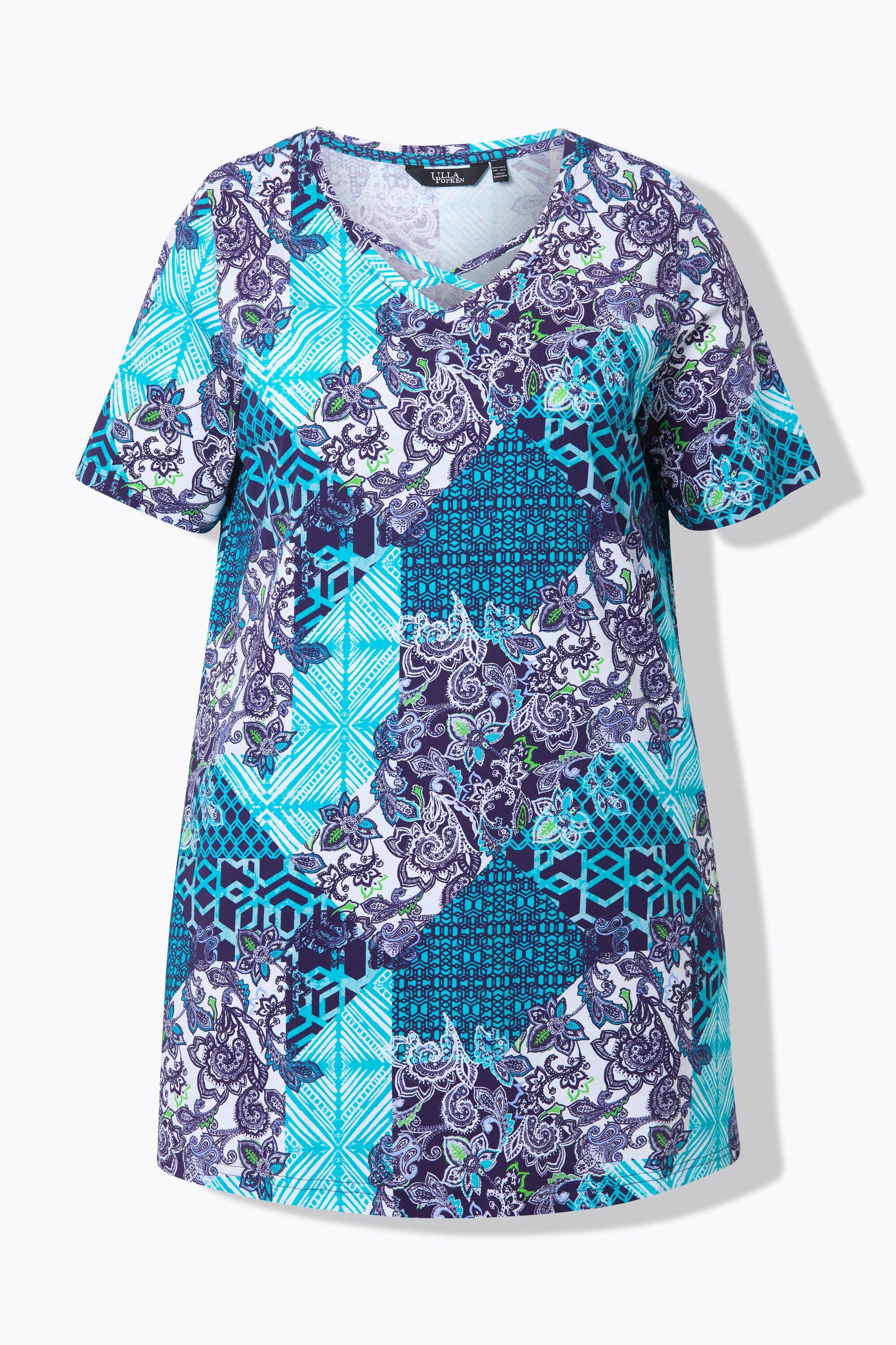 Ulla Popken T-shirt long Imprimé patchwork Col V Manches courtes Coupe évasée  