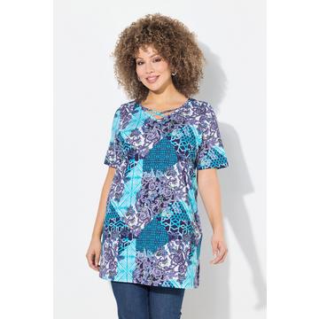 Maglia dal taglio lungo e svasato con stampa patchwork, scollo a V e mezze maniche