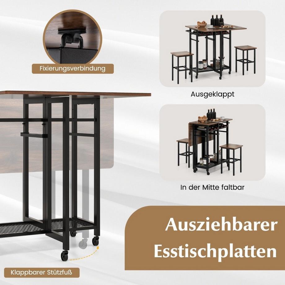 Northix  3-teiliges Esstisch-Set Ausziehbarer Küchentisch auf Rollen mit 2 Stühlen & Weinregal & Regalen 