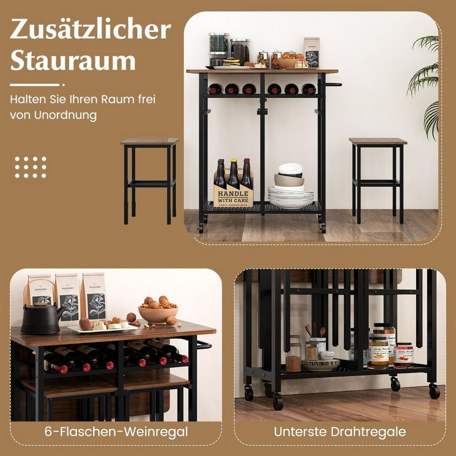 Northix  3-teiliges Esstisch-Set Ausziehbarer Küchentisch auf Rollen mit 2 Stühlen & Weinregal & Regalen 