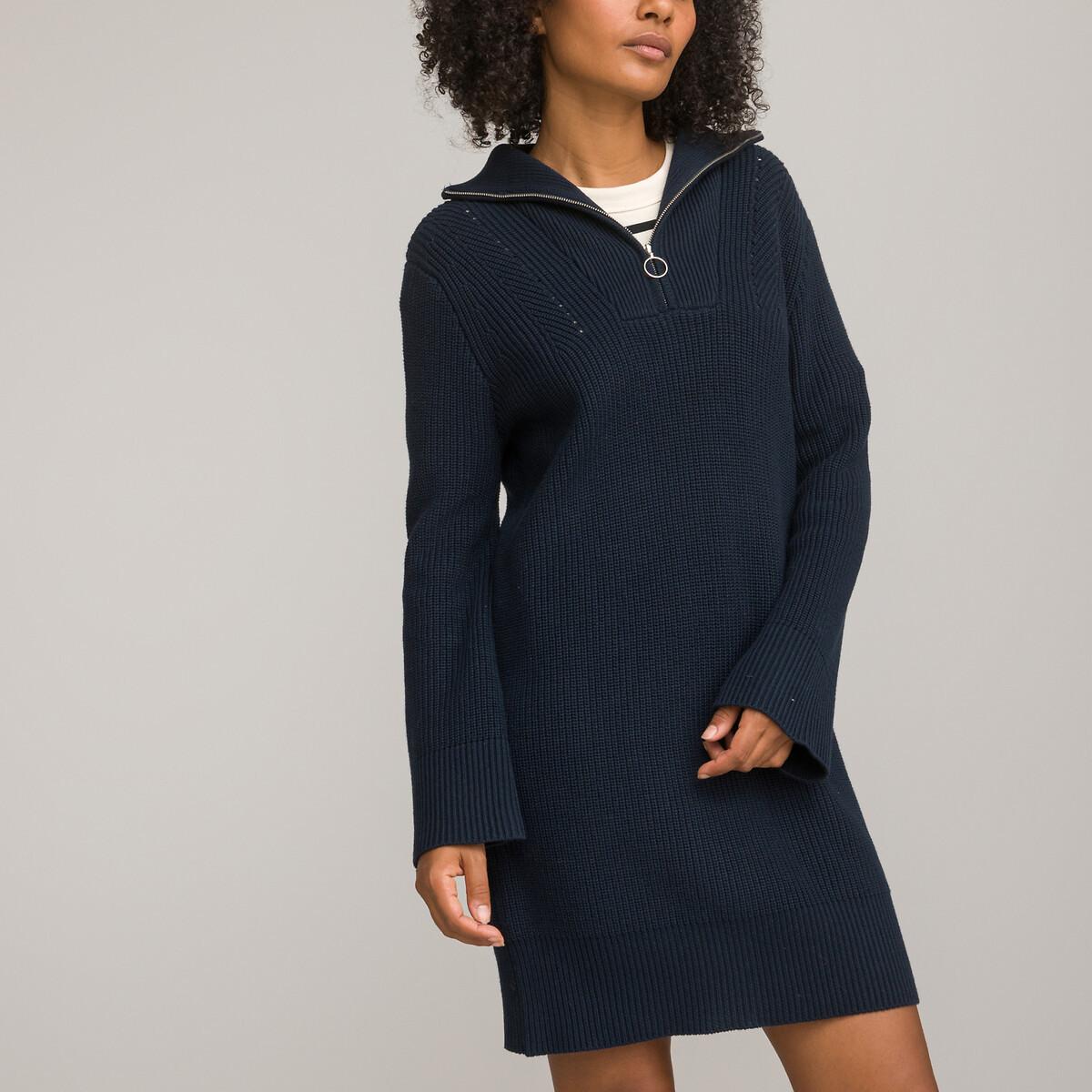 Image of Strickkleid Mit Langen Ärmeln & Troyer-kragen Damen Blau S