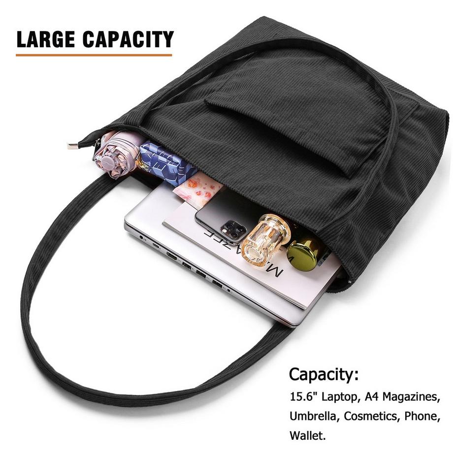 Only-bags.store Sac à Bandoulière en Velours Côtelé avec Fermeture Éclair Grand Sac Fourre-Tout  