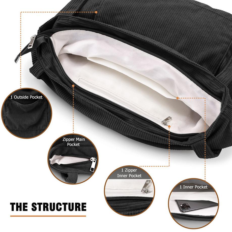 Only-bags.store Sac à Bandoulière en Velours Côtelé avec Fermeture Éclair Grand Sac Fourre-Tout  