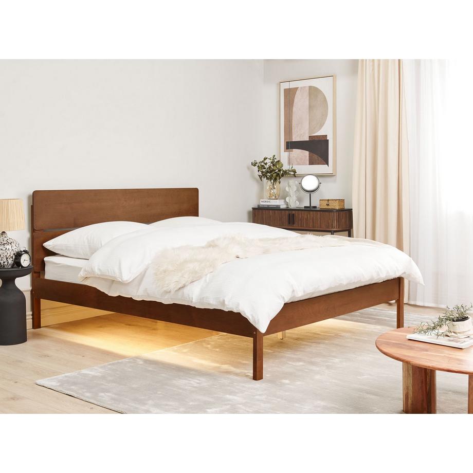 Beliani Bett mit LED aus Gummibaumholz  BOISSET  