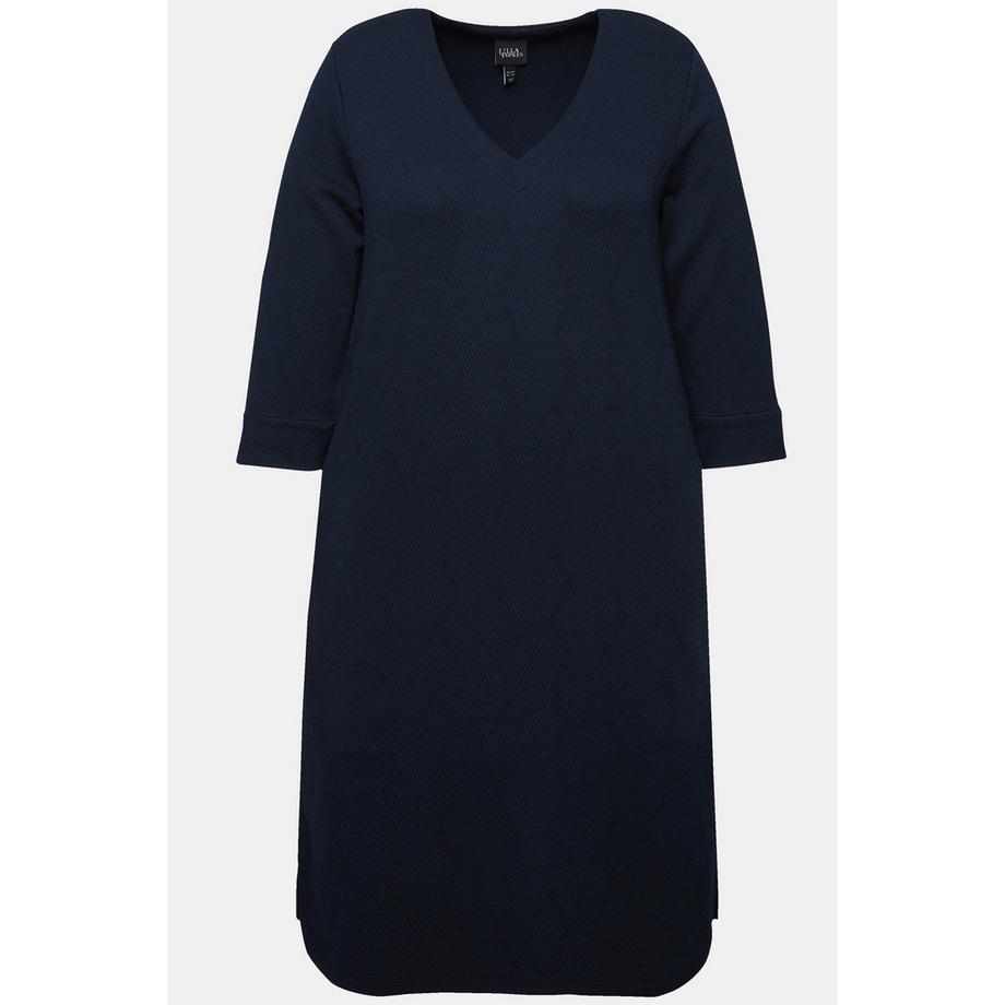 Ulla Popken Abito in Felpa Taglio Svasato Scollo a V Maniche 3/4 con Tasche  