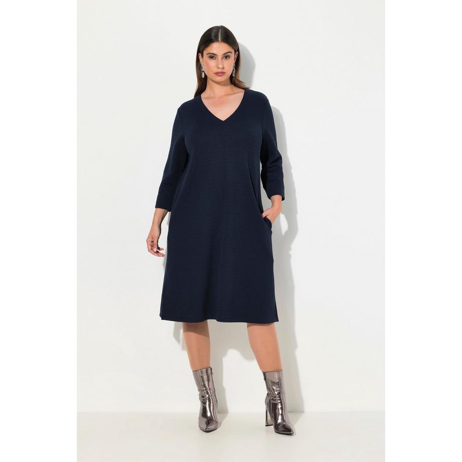 Ulla Popken Abito in Felpa Taglio Svasato Scollo a V Maniche 3/4 con Tasche  