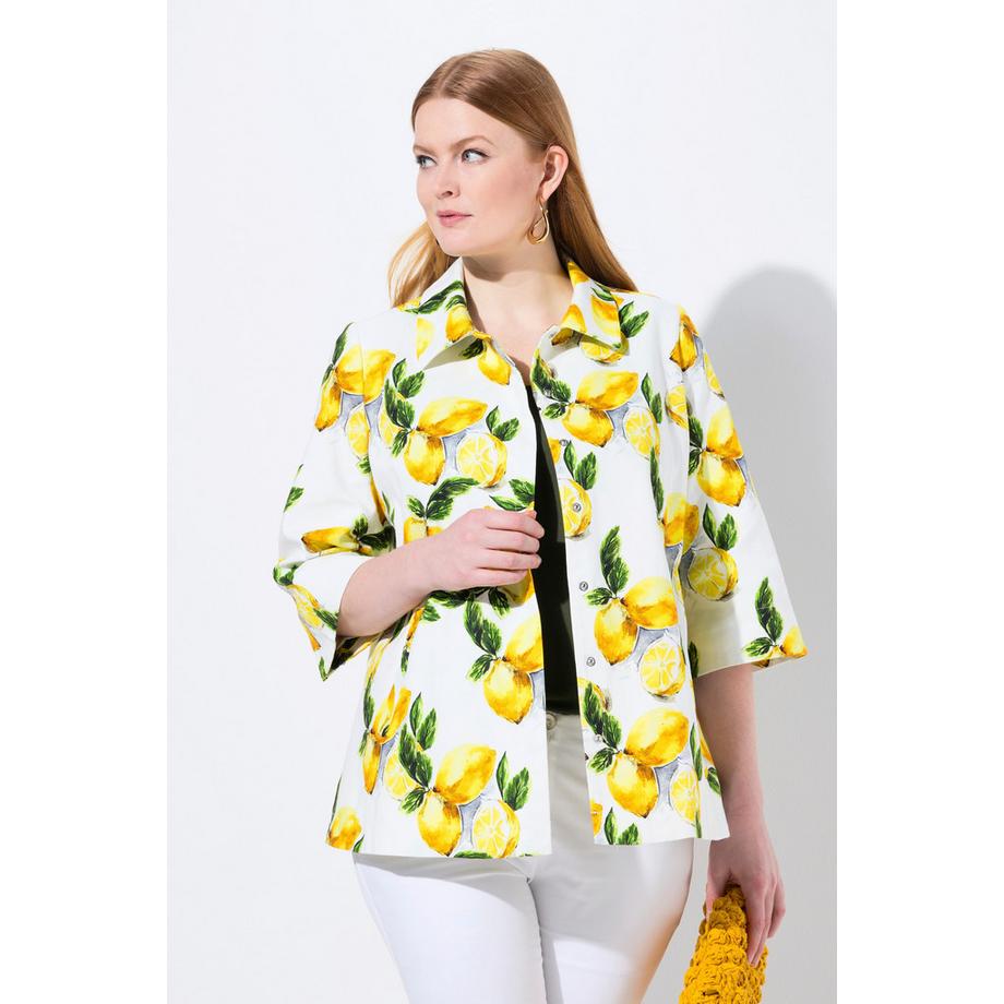 Ulla Popken Zitronen Print A-Linie Jacke mit Hemdkragen und 3/4-Arm  