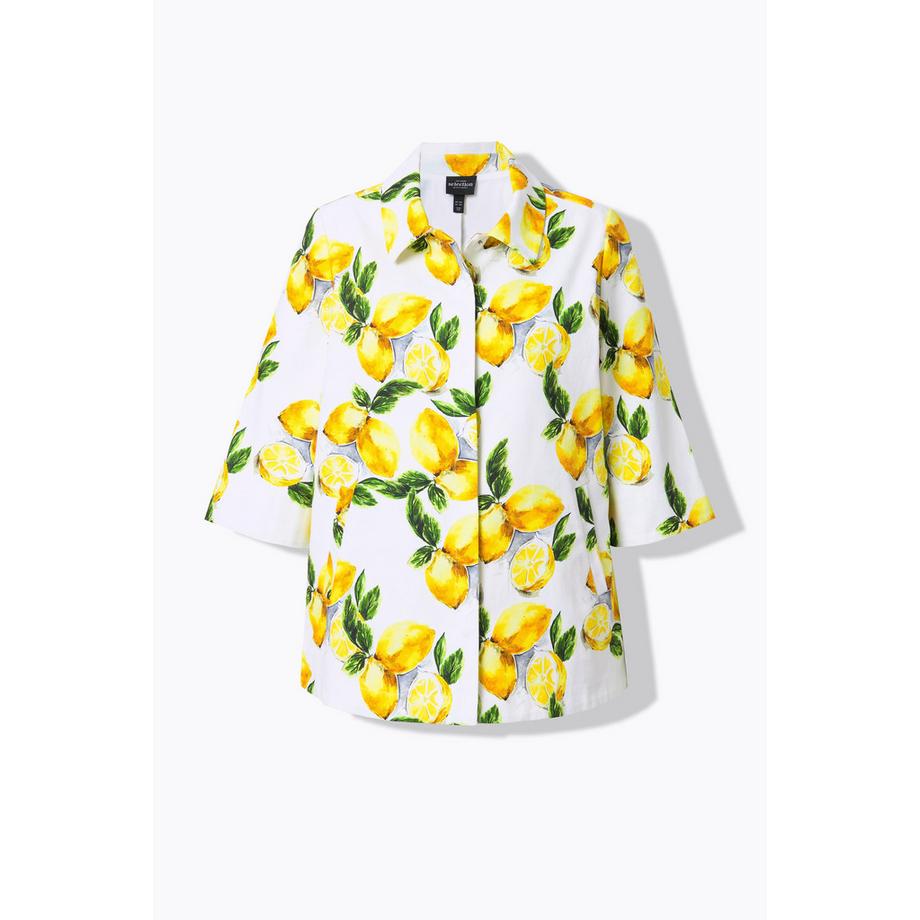 Ulla Popken Zitronen Print A-Linie Jacke mit Hemdkragen und 3/4-Arm  