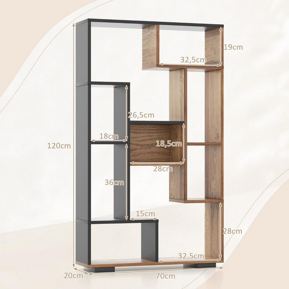 Northix Bibliothèque 120 cm avec 9 compartiments, étagère sur pied, séparateur de pièce, géométrique, noire et bois  