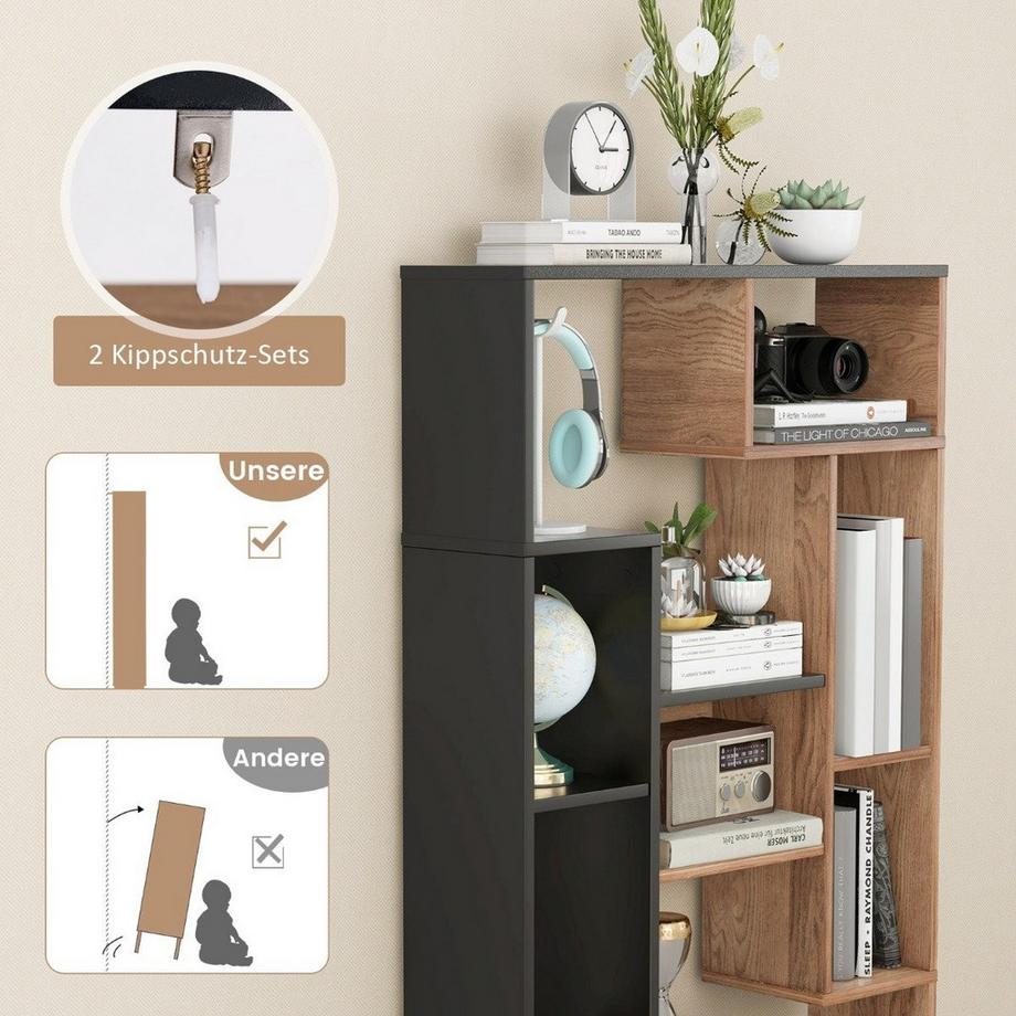 Northix Bibliothèque 120 cm avec 9 compartiments, étagère sur pied, séparateur de pièce, géométrique, noire et bois  