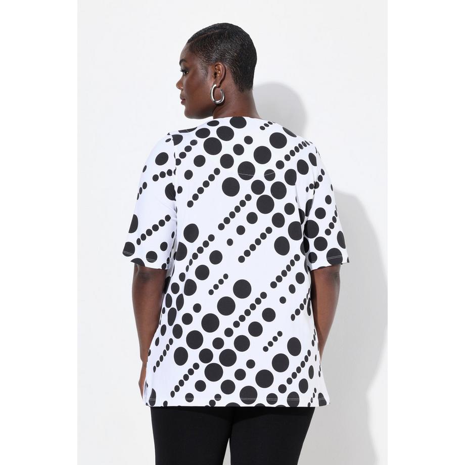 Ulla Popken T-shirt Cotone Pima Pois Taglio Svasato Scollo Rotondo Mezza Manica  