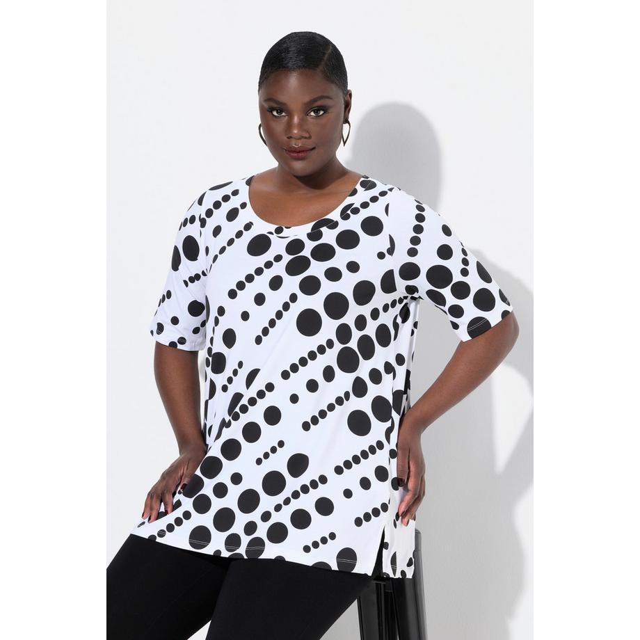 Ulla Popken T-shirt Cotone Pima Pois Taglio Svasato Scollo Rotondo Mezza Manica  