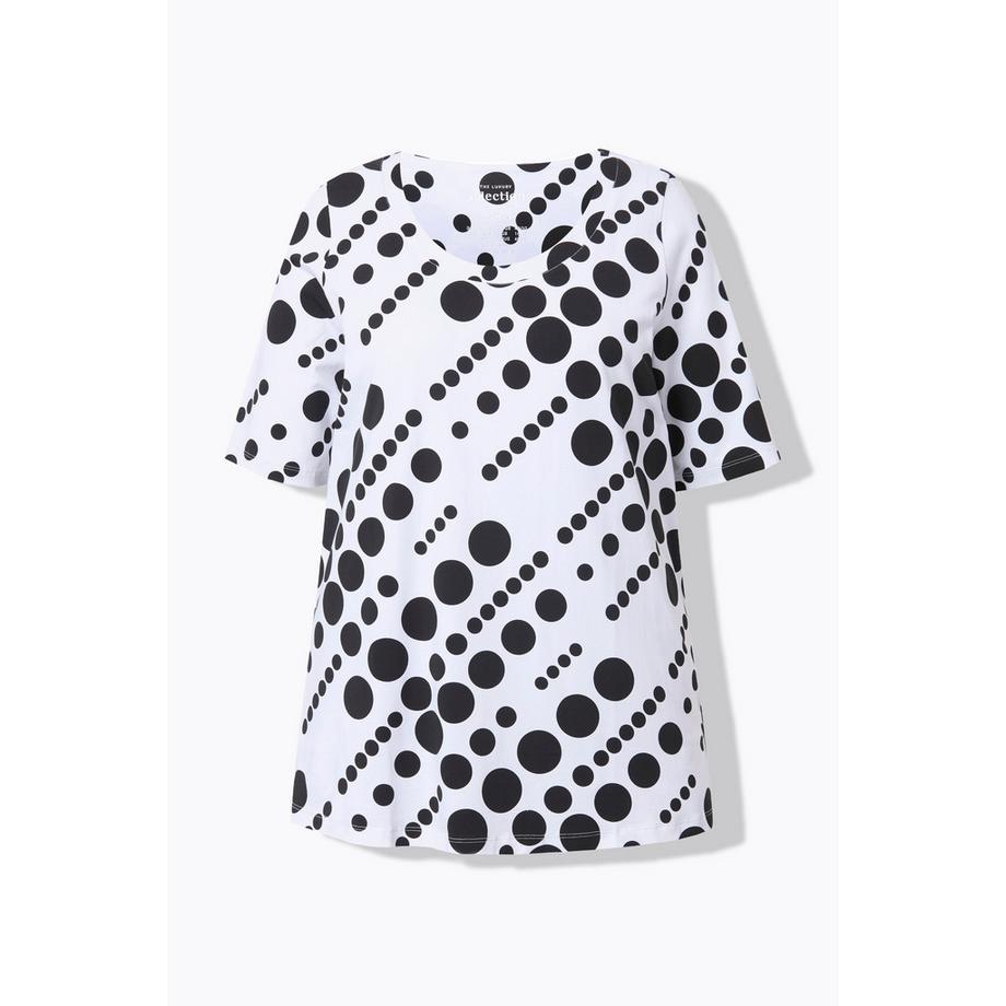 Ulla Popken T-shirt Cotone Pima Pois Taglio Svasato Scollo Rotondo Mezza Manica  