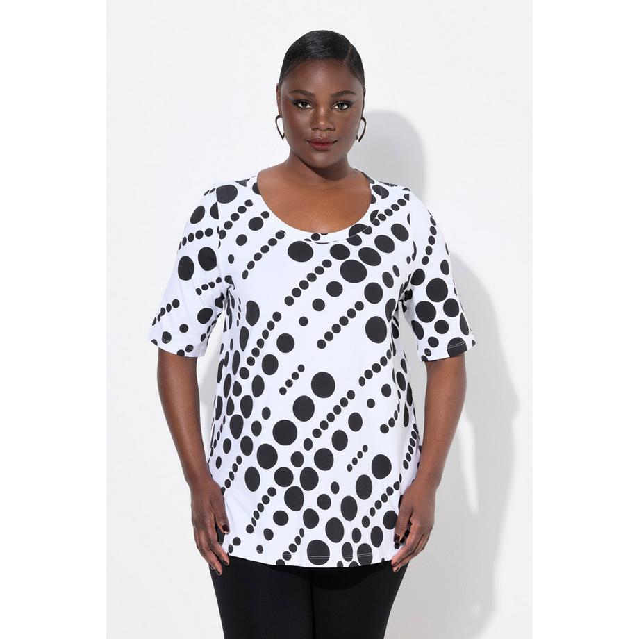 Ulla Popken T-shirt Cotone Pima Pois Taglio Svasato Scollo Rotondo Mezza Manica  