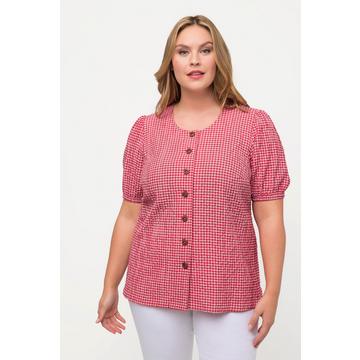 Blusa con crespatura a bolle, quadretto vichy, scollo a girocollo e mezze maniche