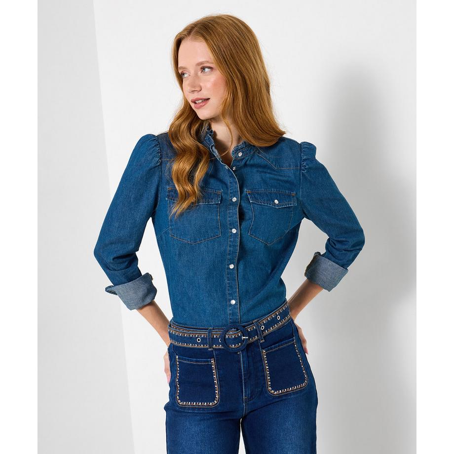 Jeansbluse mit Rüschenkragen