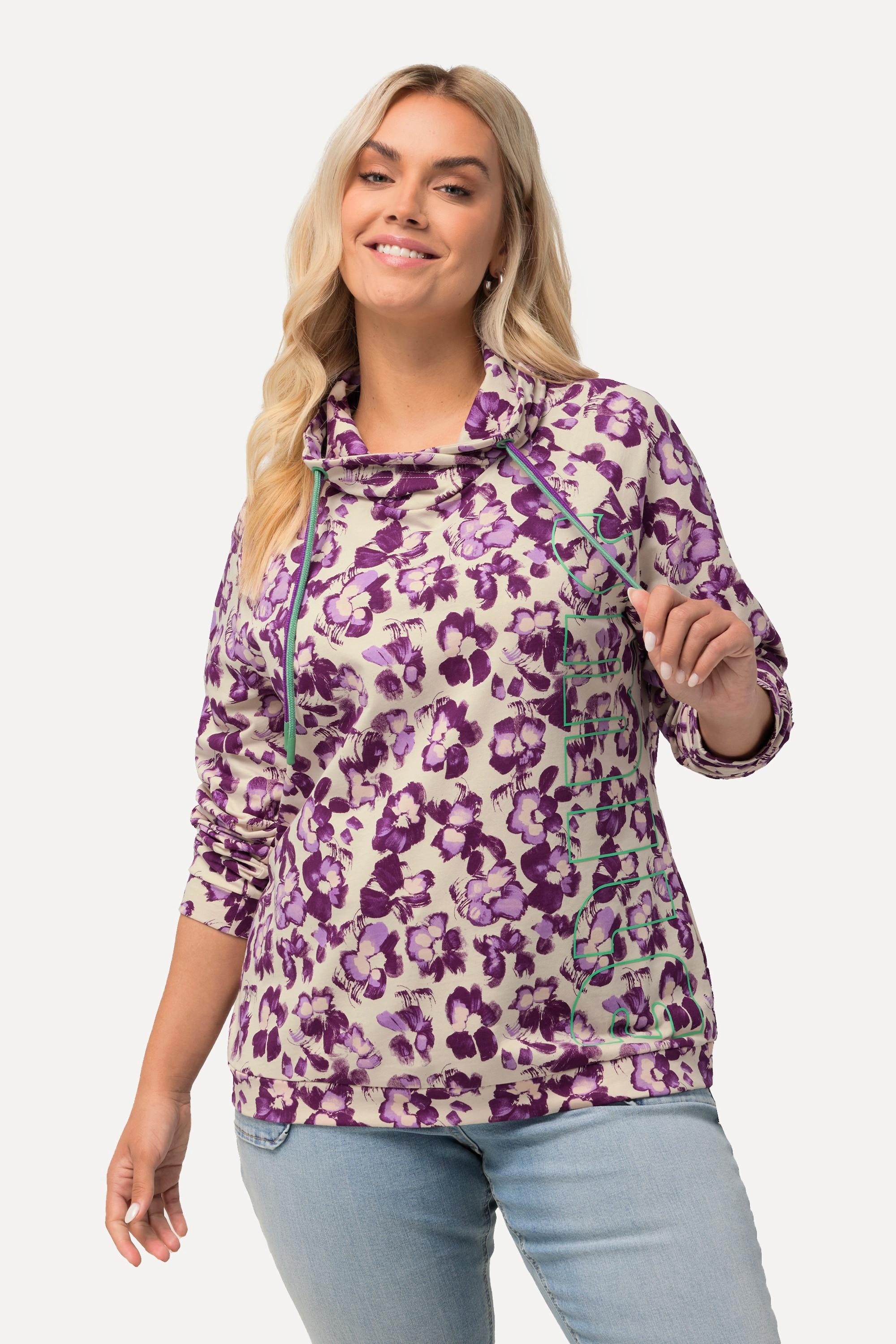 Ulla Popken  Felpa con design floreale, colletto alto e maniche lunghe raglan 