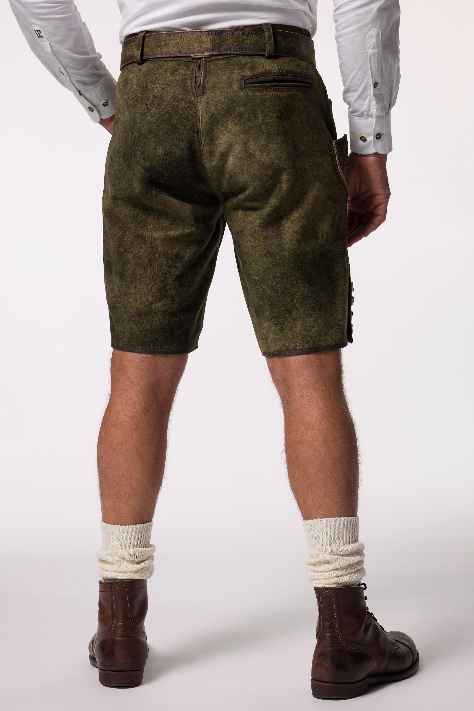 JP1880  Lederhosen in tradizionale stile Tracht in pelle di capra con ricami tradizionali e cintura di pelle in omaggio 