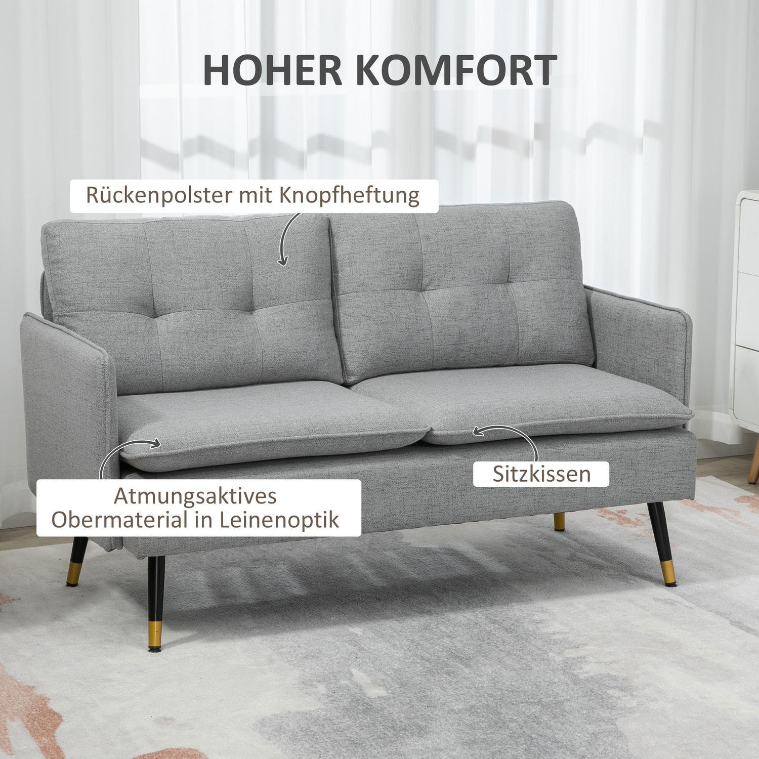 Northio Zweisitzer 2-Sitzer Sofa mit Kissen, Loveseat mit Leinenoptik, Doppelsofa für Wohnzimmer, Schlafzimmer, Stahl, Grau, 139 x 68 x 76 cm  