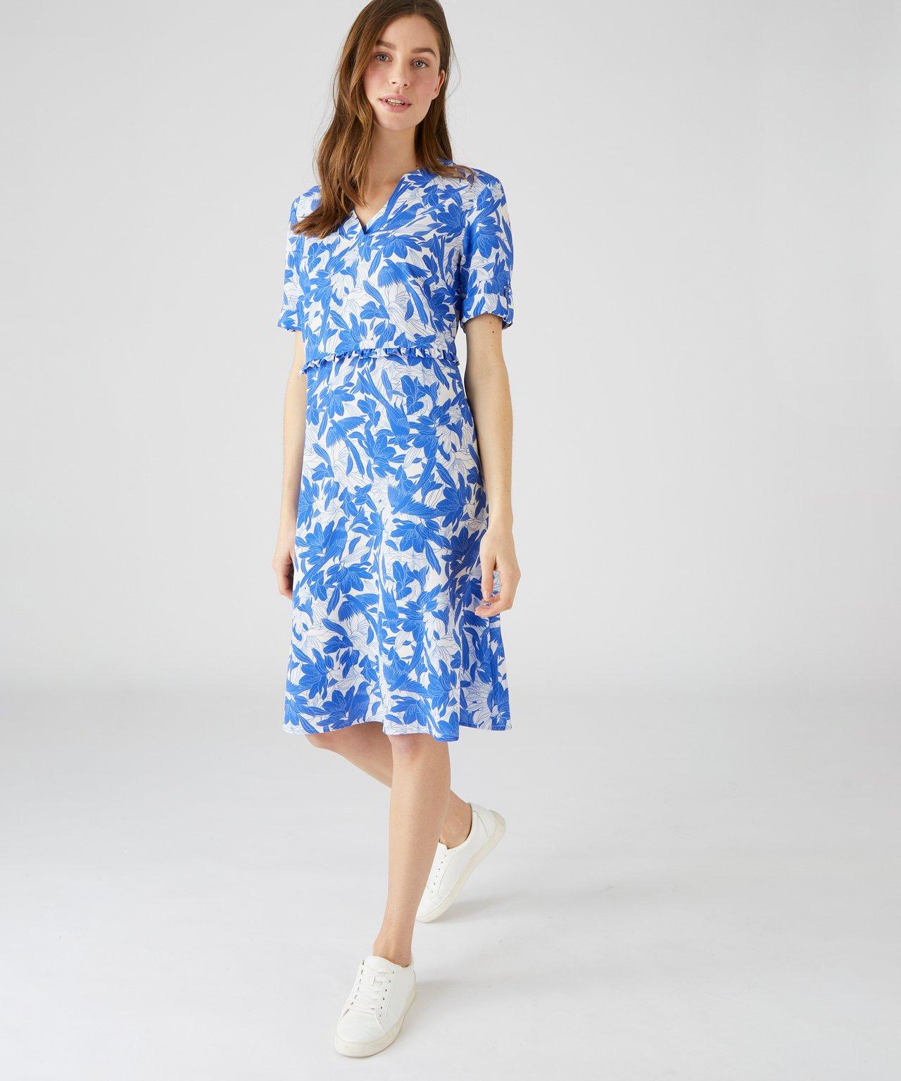 Image of Bedrucktes Kleid Mit Volant Auf Taillenhöhe, Aus Leichtem Und Schmiegsamem Kreppstoff. Damen Blau 40