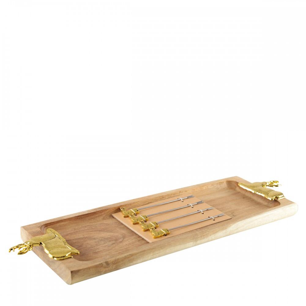 Image of Schneidebrett für Wurst und Käse und 4 Goldpicker mit Hirschmotiv Schneidebrett für Wurst und Käse und 4 Goldpicker mit Hirschmotiv