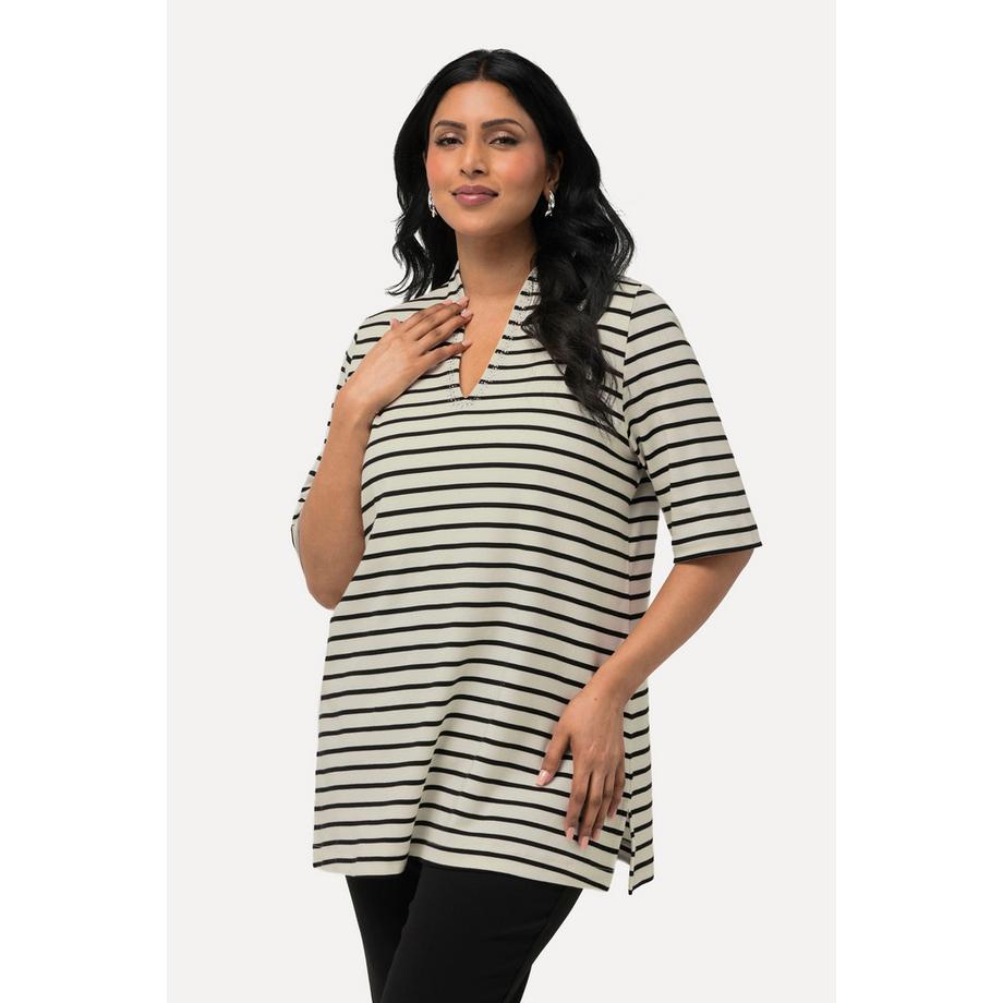 Ulla Popken T-shirt Rayures Coton Pima Manches Courtes Col Calice  