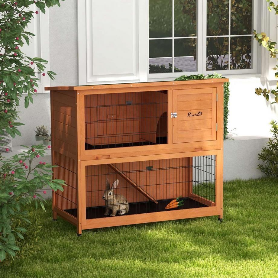 Northio Clapier À Lapin En Bois À 2 Niveaux, Cage Pour Petits Animaux Avec Palettes, Rampe Avec Enclos Extérieur, Toit En Asphalte Pour 2 Lapins, Orange  