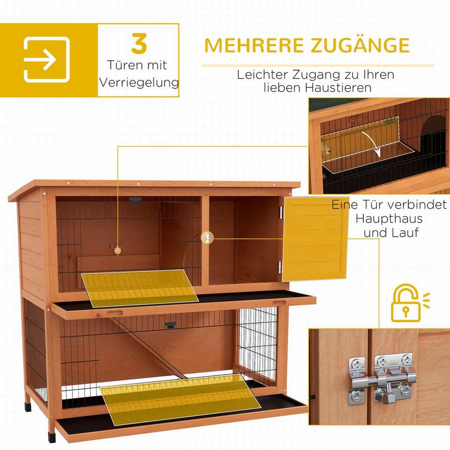 Northio Clapier À Lapin En Bois À 2 Niveaux, Cage Pour Petits Animaux Avec Palettes, Rampe Avec Enclos Extérieur, Toit En Asphalte Pour 2 Lapins, Orange  