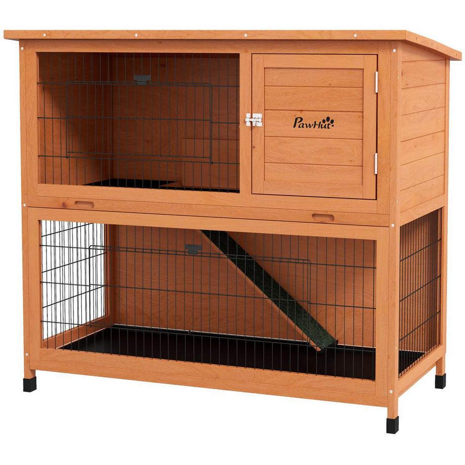 Clapier À Lapin En Bois À 2 Niveaux, Cage Pour Petits Animaux Avec Palettes, Rampe Avec Enclos Extérieur, Toit En Asphalte Pour 2 Lapins, Orange