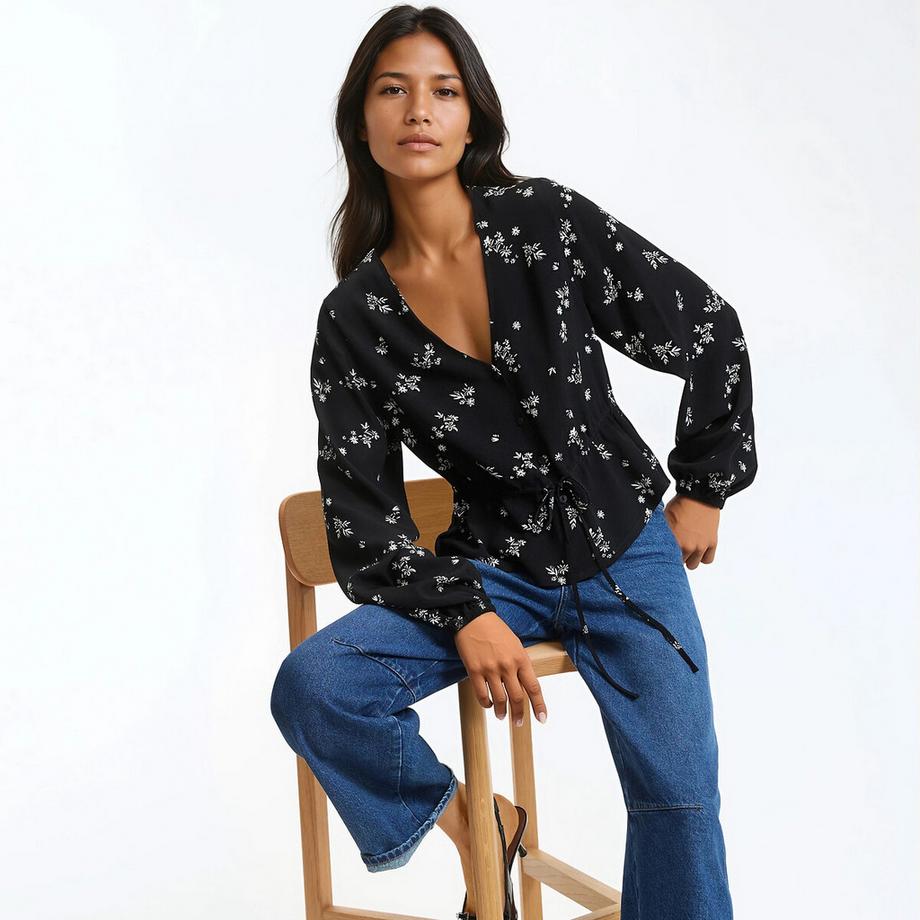 Geblümte Bluse mit langen Ärmeln & V-Ausschnitt