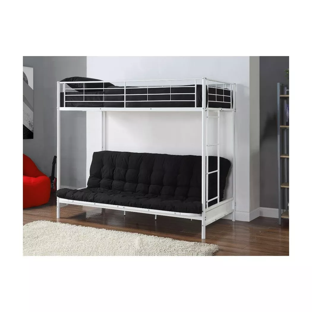 Vente-unique - Lit mezzanine 90 x 190 cm - Avec banquette convertible - Métal - Blanc + Futon noir - modulo v