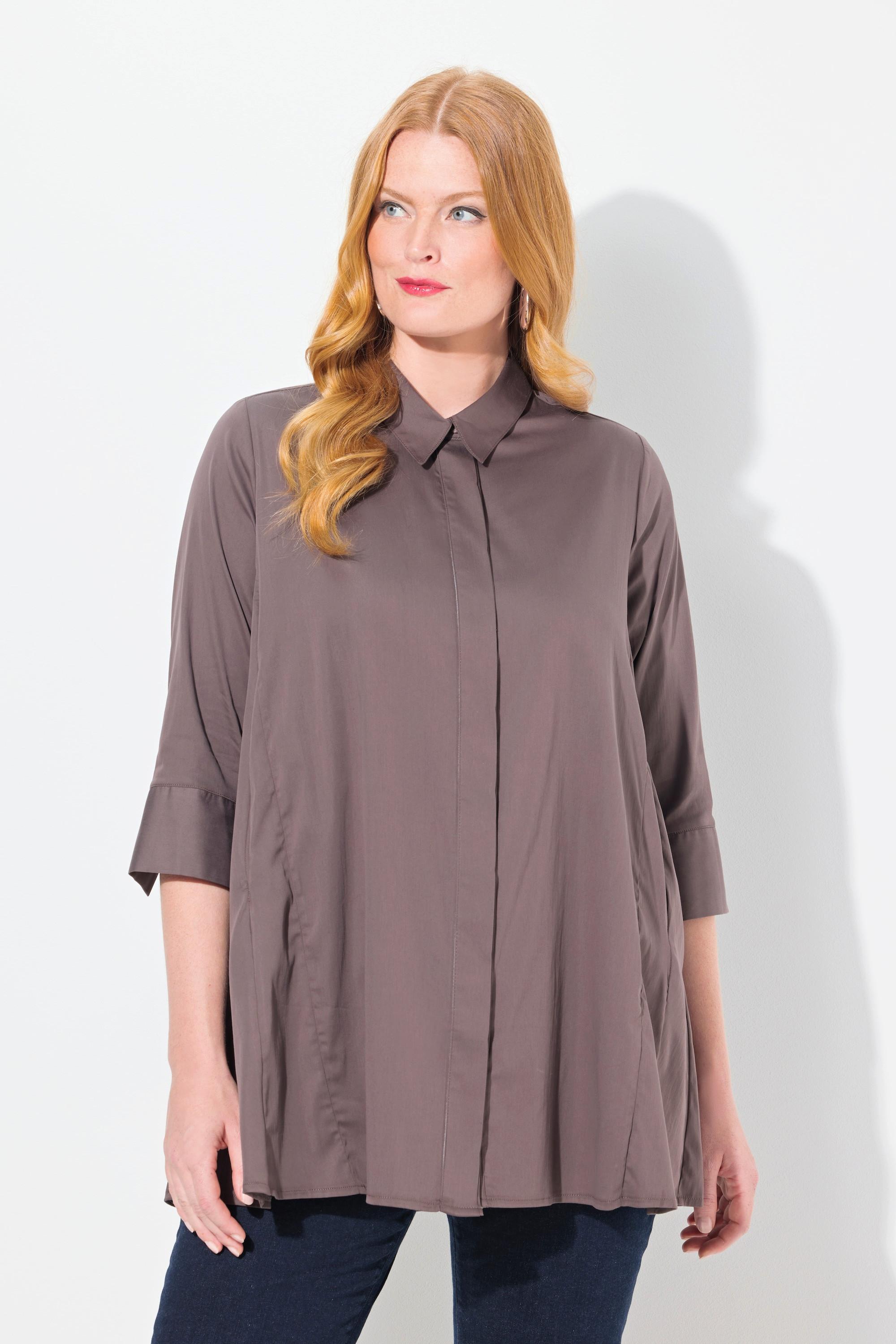 Ulla Popken  Bluse, Godeteinsätze, A-Linie, Hemdkragen, 3/4-Arm 