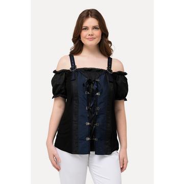 Blouse s'inspirant des tenues traditionnelles bavaroises. Bretelles, dentelle et laçage. Manches courtes