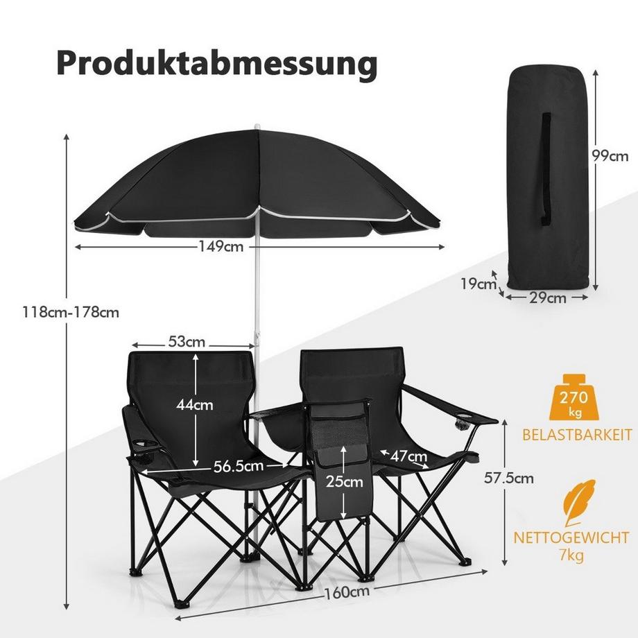 Northix  Chaise de camping avec parasol double chaise pliante avec porte-gobelet sac isotherme noir 