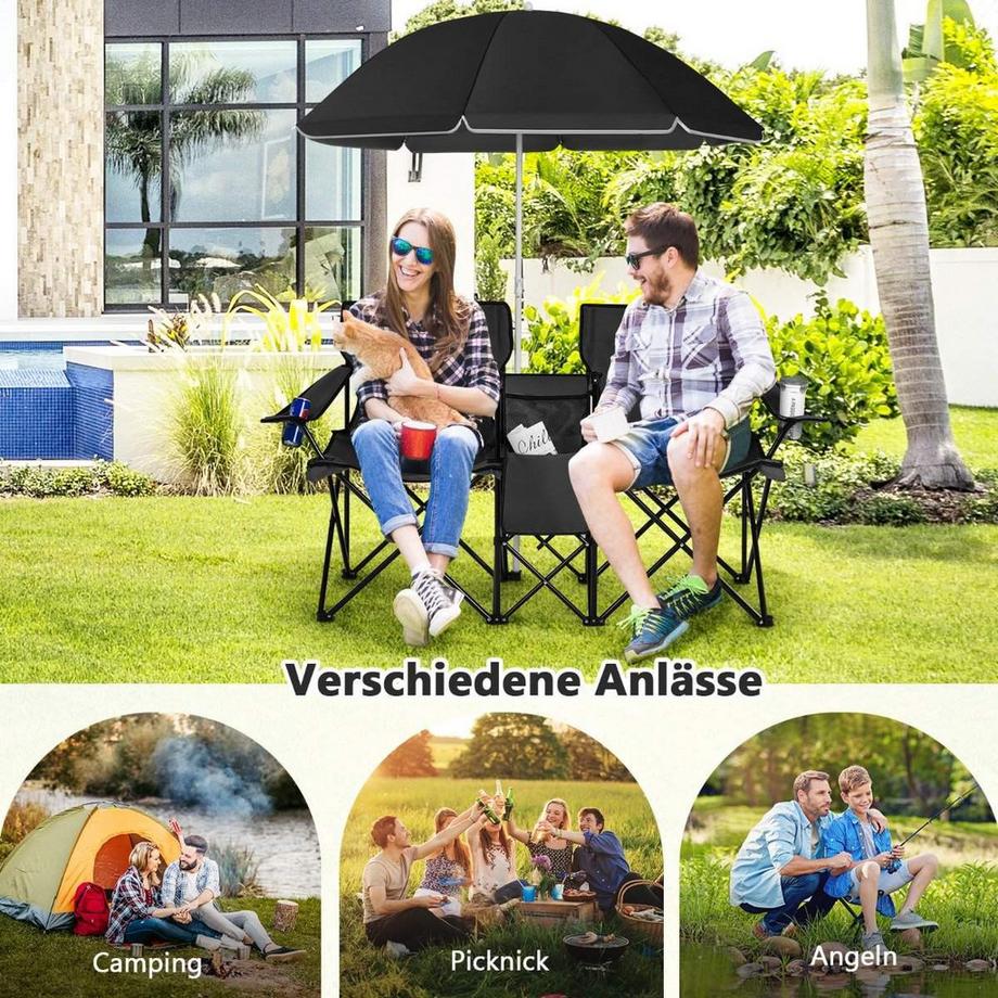 Northix  Chaise de camping avec parasol double chaise pliante avec porte-gobelet sac isotherme noir 